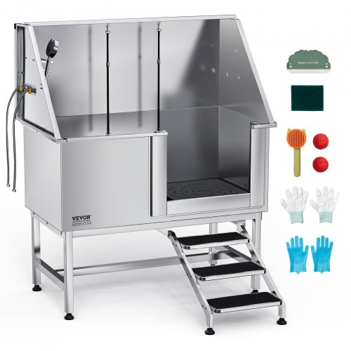 VEVOR Stainless Steel Dog Washing Station, 127 cm Pet Grooming Tub w/ Stairs, PE Water Filter Board, Faucet & Showerhead & Soap Holder Dog Bathtub for Large & Medium & Small Pets (Right Door)