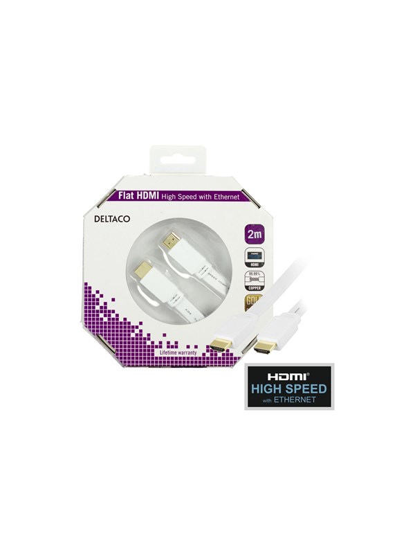DELTACO HDMI v1.4 kaapeli 4K, Ethernet,3D, paluu, litteä valk,2m