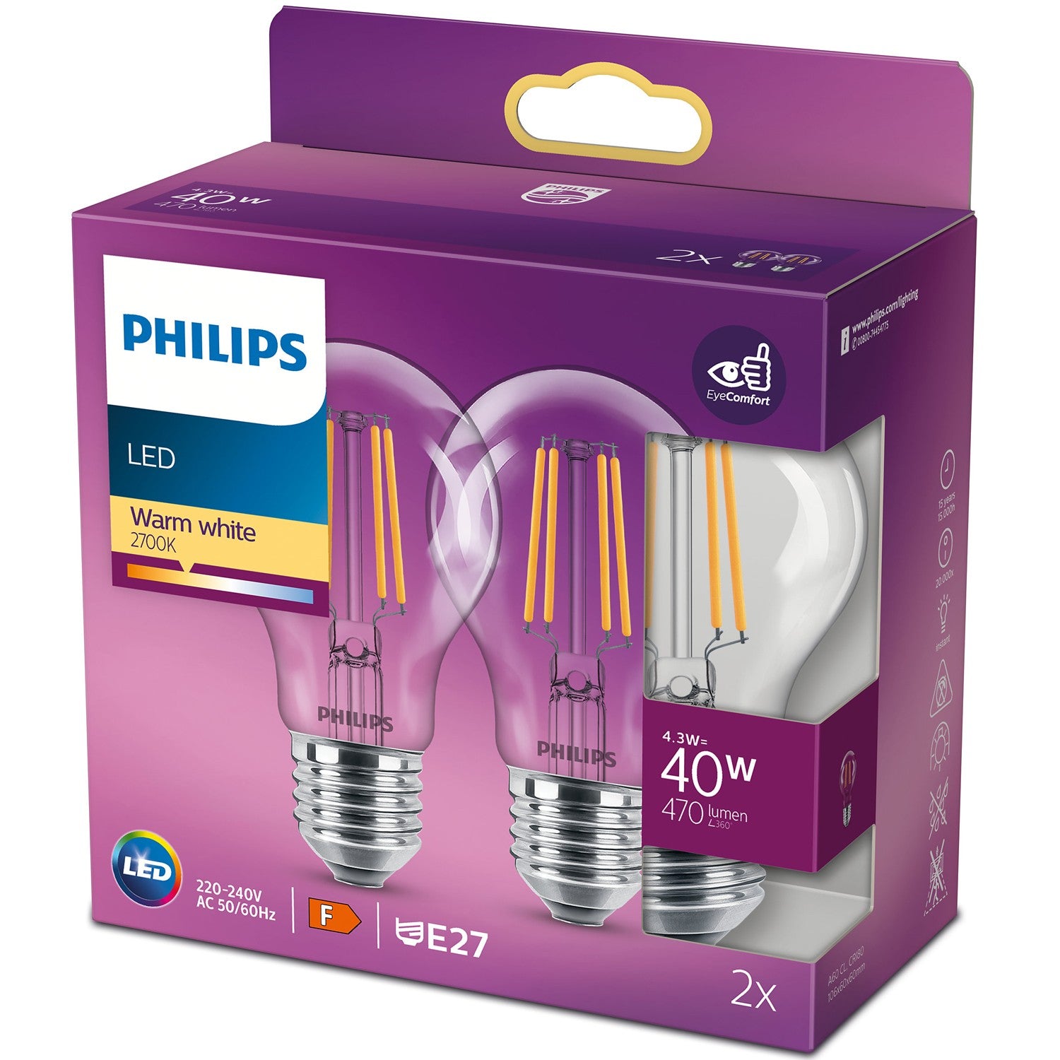 Philips LED-lamppu LED-klassikko 40W A60 E27 WW CL ND 2PF/6 E27