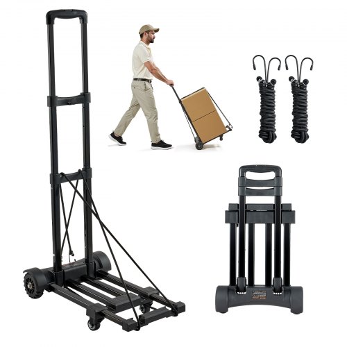 VEVOR Folding Hand Truck, 131.5 kg Load Capacity, Collapsible Luggage Cart with 4 Wheels, 2 Elastic Ropes & Expandable Base, Utility Dolly Platform Cart for Airport Travel Luggage Office Moving, Black