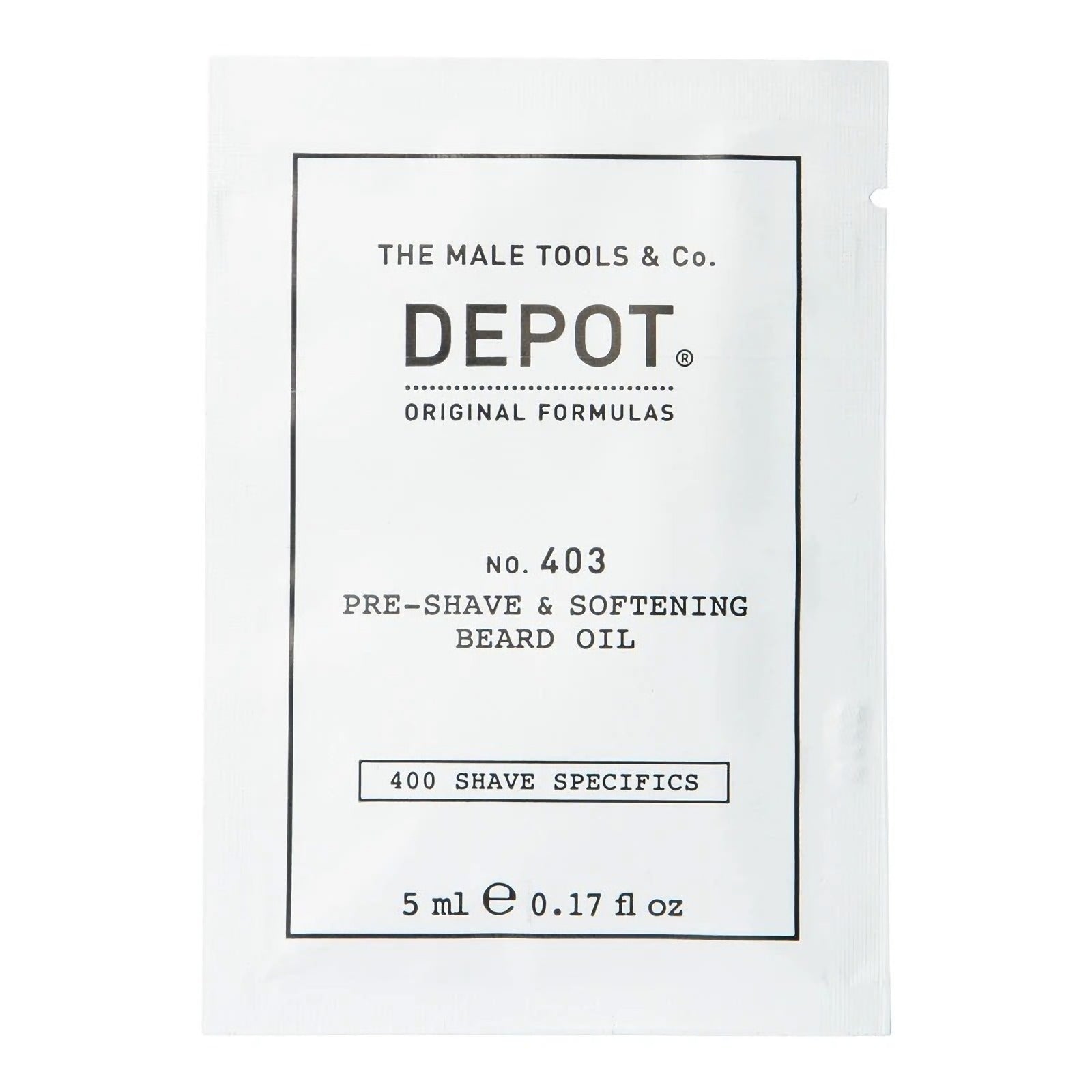 Depot, 400 Parranajotiedot nro 403, Tuore mustapippuri, Huuhteluaine, Parranajoa edeltävä öljy, 5 ml