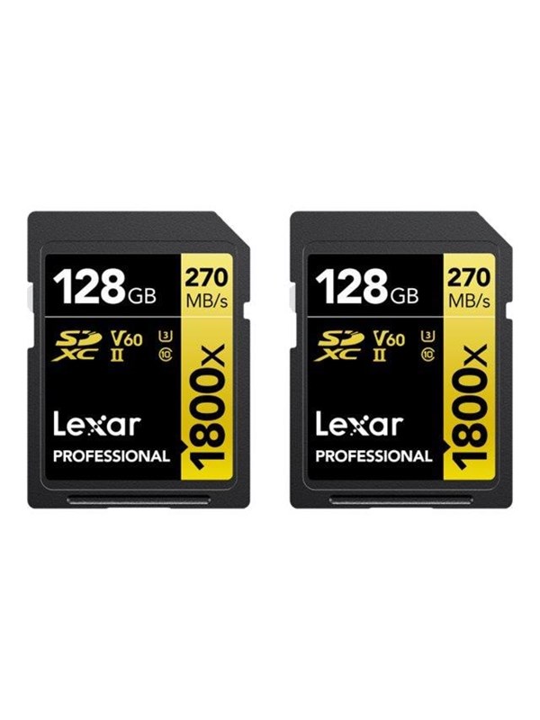 Lexar Professional GOLD Series - Flashhukommelseskort - 128 GB - Video Class V60 / UHS-II U3 / Class10 - 1800x - SDXC UHS-II (pakke med 2)