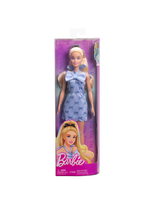 Barbie Fashionista -nukke, 60-luvun sininen mekko ruseteilla