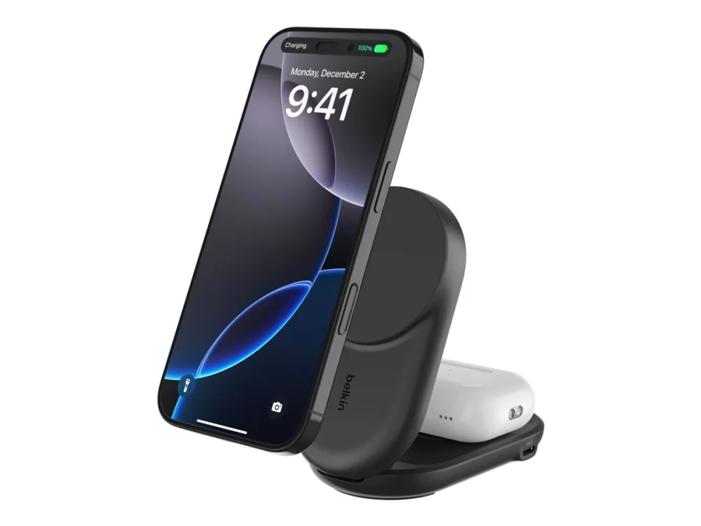 Belkin UltraCharge 2-in-1 Foldable Magnetic 25W Qi2 -langaton laturi, Musta