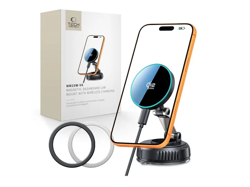 TECH-PROTECT MM25W-V8 QI2.2 MAGNETIC MAGSAFE WINDSHIELD & DASHBOARD CAR MOUNT WIRELESS CHARGER 25W BLACK