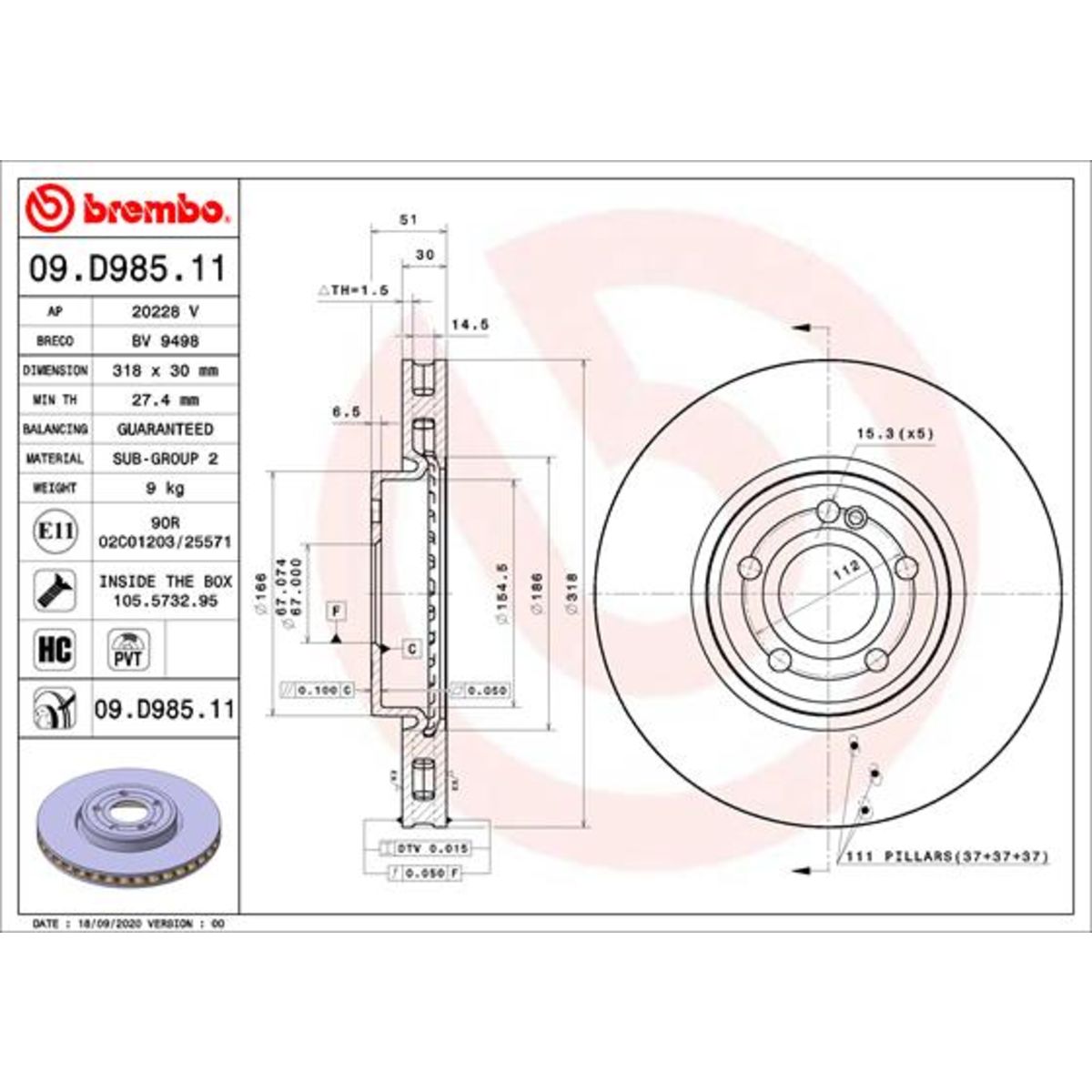 Jarrulevy BREMBO 09.D985.11