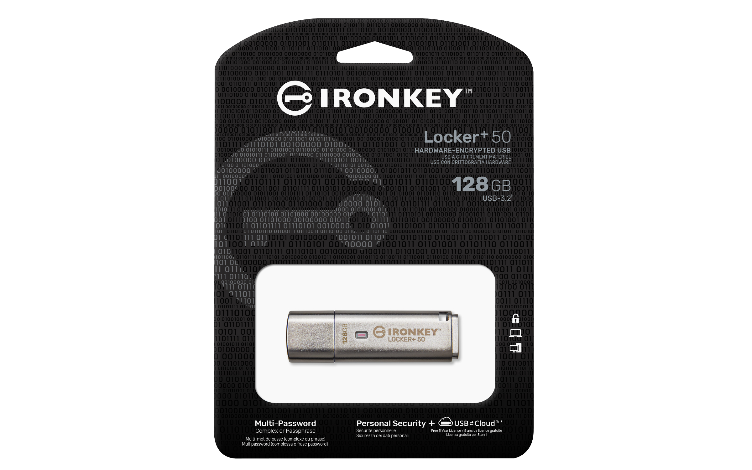 Kingston IronKey Locker+ 50 USB 3.2 Gen 1 128 Gt -muistitikku, hopea