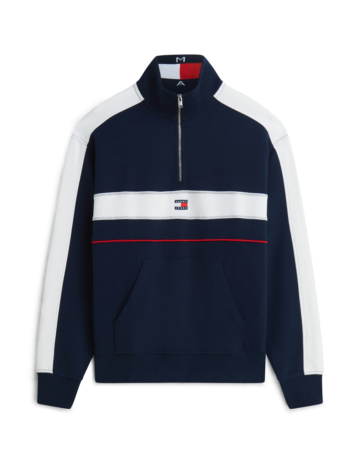 Tommy Jeans Collegepaita 'Colour-blocked Quarter-zip Relaxed'  tummansininen / punainen / valkoinen