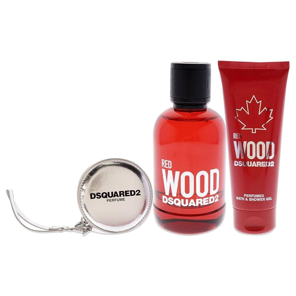 Setti Dsquared 2: Red Wood Eau De Toilette naisille 100 ml + Red Wood Gel & Shampoo 2 in 1 100 ml + Dsquared hopeinen pochette