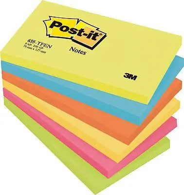Post-it-laput Energiset värit, 76 mm x 127 mm, 100 arkkia/lehtiö, 6 kpl:n pakkaus