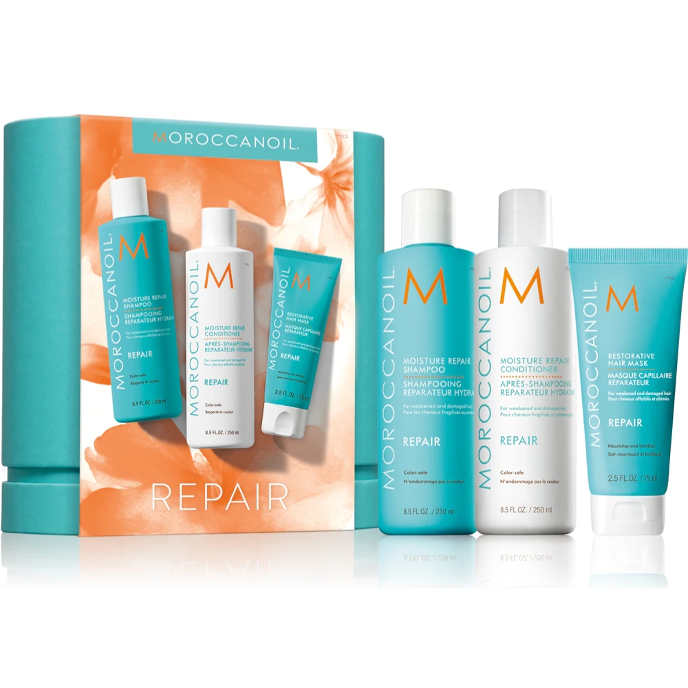Moroccanoil Korjaussarja vaurioituneille, kemiallisesti käsitellyille hiuksille, 3 osaa
