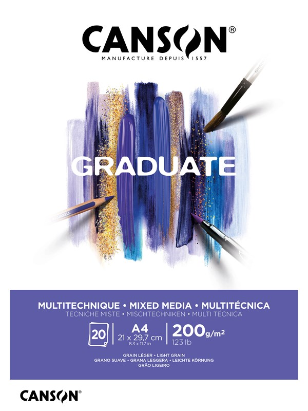 Mixed Media -paperi A4-lohko, 20 arkkia 200g, Canson Graduate