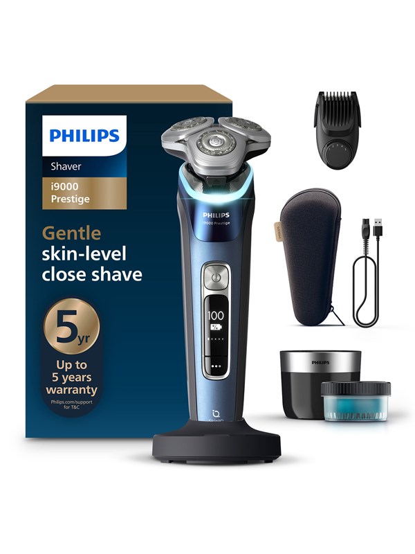 Philips i9000 Prestige XP9201/33 Wet & Dry -sähköparranajokone, jossa SkinIQ, Parranajokone kääntyvällä päällä, Sininen, Triple-Action Lift & Cut System Dual SteelPrecision blades, LED, GroomTribe Connects via Bluetooth, Replace every 2 yrs with SH91