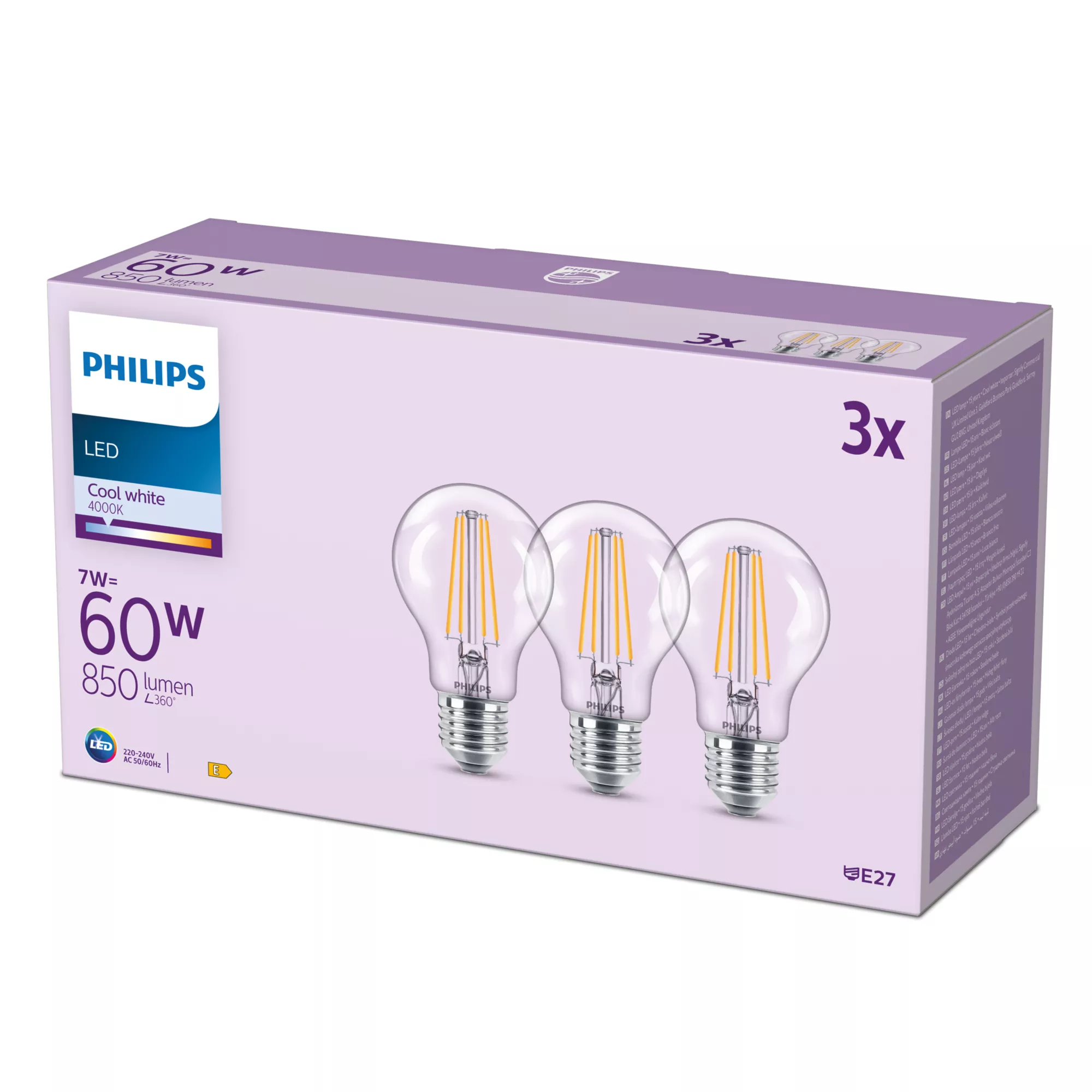 Philips-LED-lamppu E27 7W 850lm 4000K kirkas 3 kpl