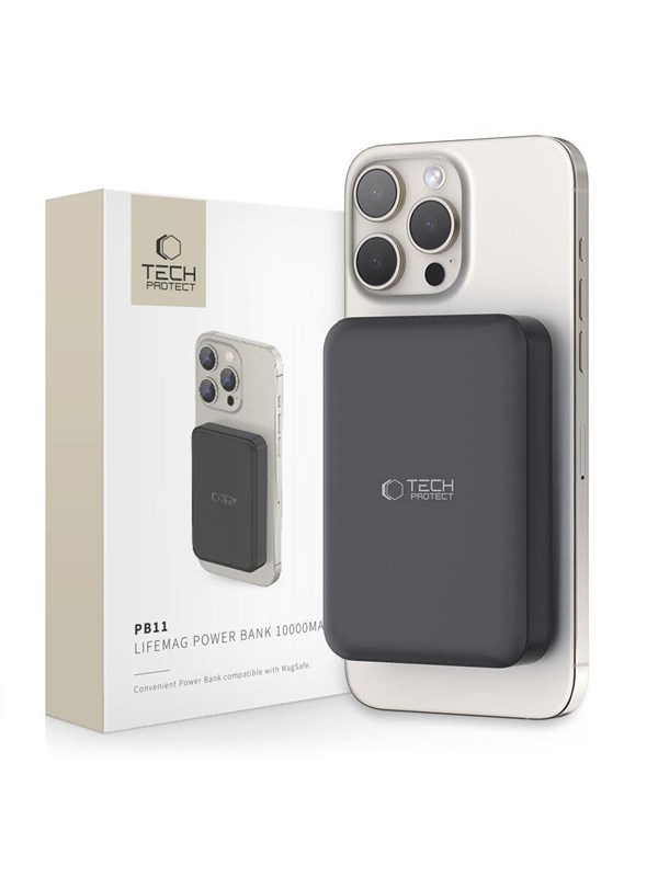 Tech-Protect LifeMag PB11 Powerbank su MagSafe 10000mAh 15W USB-C portti - juodos spalvos + USB-C kaapelit