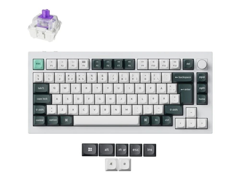 Keychron Q1 HE - Näppäimistö - QMK räätälöity, täysin koottu painike - 75% - taustavalaistu - langaton - 2,4 GHz, USB, Bluetooth 5.1, USB-C - QWERTY - pohjoismainen - näppäinkytkin: Gateron Double-Rail Nebula (hot-swappable) - valkoinen kuori