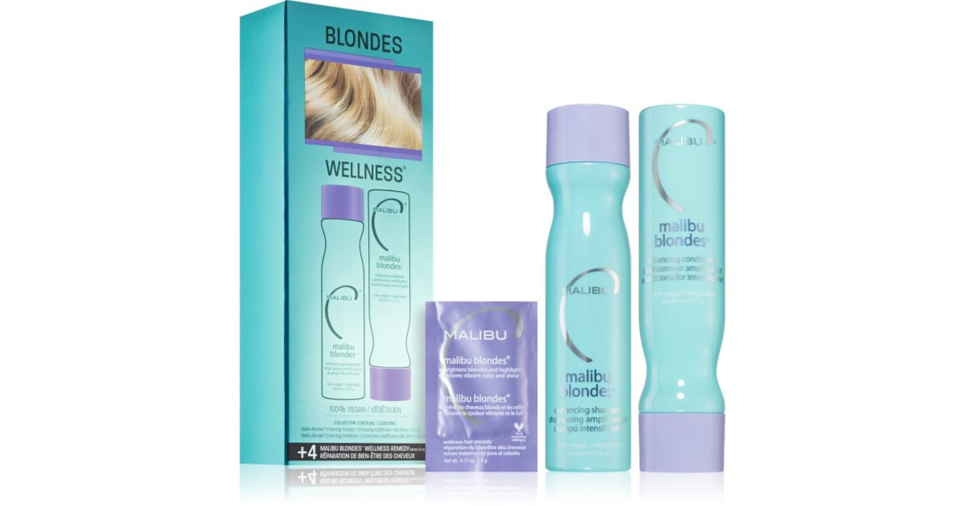Malibu C Blondes Collection setti vaaleille hiuksille shampoo vaaleille hiuksille 266 ml + intensiivinen hoito 4x5g + hoitoaine 266 ml