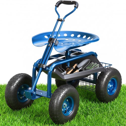 VEVOR Garden Cart Rolling Workseat with Wheels, Gardening Stool for Planting, 360 Degree Swivel Seat, Wagon Scooter with Steering Handle & Utility Tool Tray, Use for Patio, Yard, and Outdoors, Blue