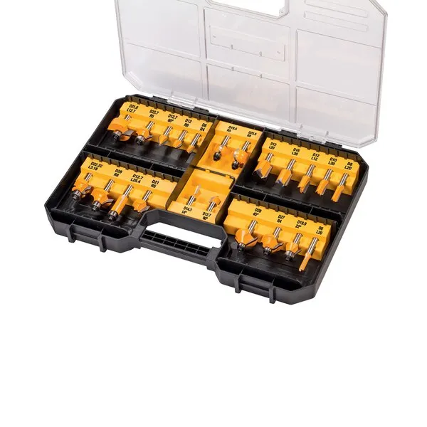 Dewalt 22-osainen jyrsinteräsett - 8 mm varsi - + säilytyslaatikko selkeällä kannella