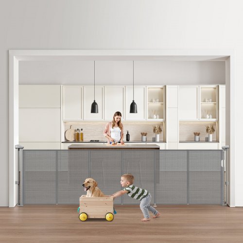 VEVOR Retractable Baby Gate, 870 mm Tall, Extends up to 2800 mm Wide, Retractable Gate for Kids or Pets, Mesh Material, Easy to Install for Indoor Stairs, Doorways, Hallways, Playrooms, Gray