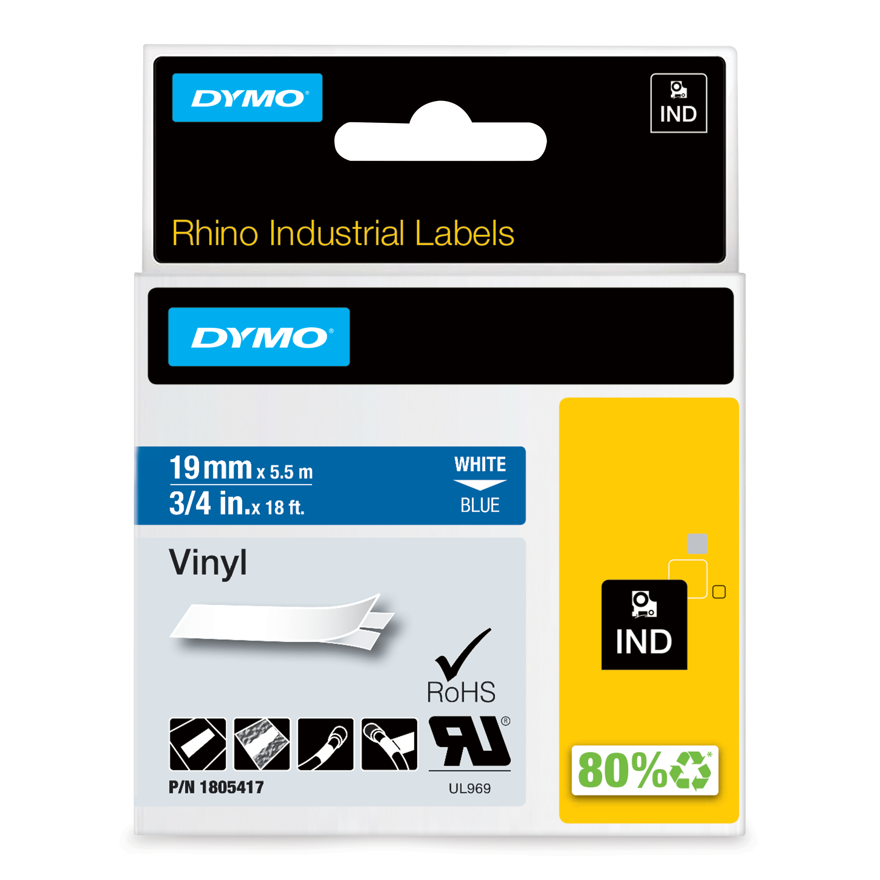 Dymo Tape Rhinopro Pysyvä Vinyyli 19mm Valkoinen/sininen