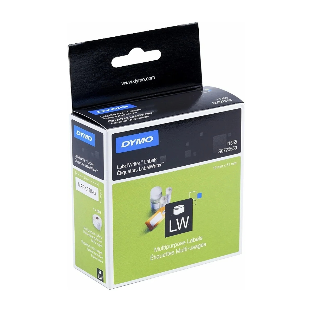 DYMO LW monikäyttö- / palautusosoitetarrat, 19 mm x 51 mm, rullassa 500 helppokäyttöistä tarraa, itseliimautuva, LabelWriter-tarratulostimille, aito