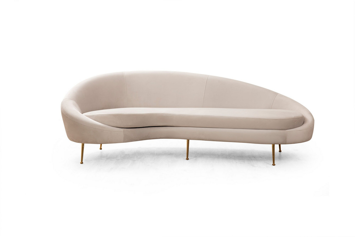 Norda Design Elegantti 3-istuttava sohva, beige, 255 cm | koivurunko, kullanväriset metallijalat, 100 % polyesteri, 2 tyynyä mukana