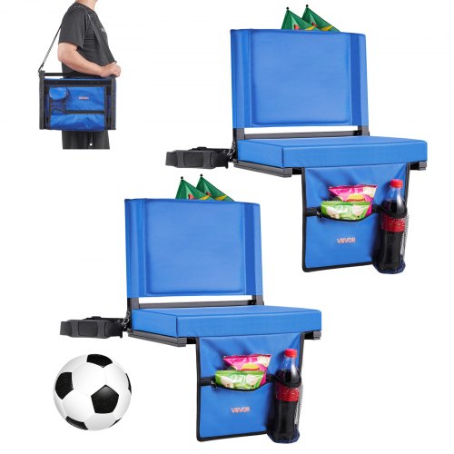 VEVOR Stadium Seat, Folding Bleacher Seat with Back Support & Thick Cushion, Padded Stadium Seats for Bleacher Includes Shoulder Strap, Hooks, Cup Holder, and Side Pocket, Blue Bleachers Chair