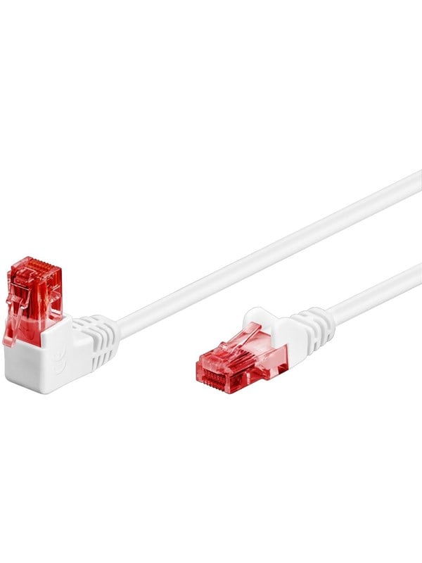 Goobay Patchkabel CAT 6, 1x 90° vinklad, U/UTP, vit kopparklädd aluminiumledare (CCA), snäpplås på toppen