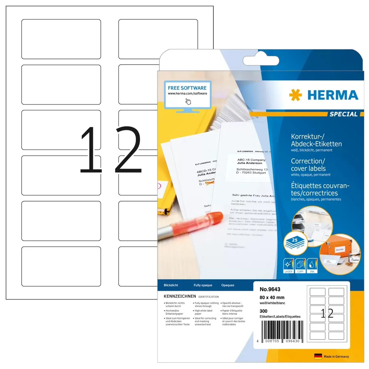 HERMA 9643, Valkoinen, Itse kiinnittyvä tulostintarra, 80 x 40 mm, Paperi, Laser/Inkjet, Kiinteä