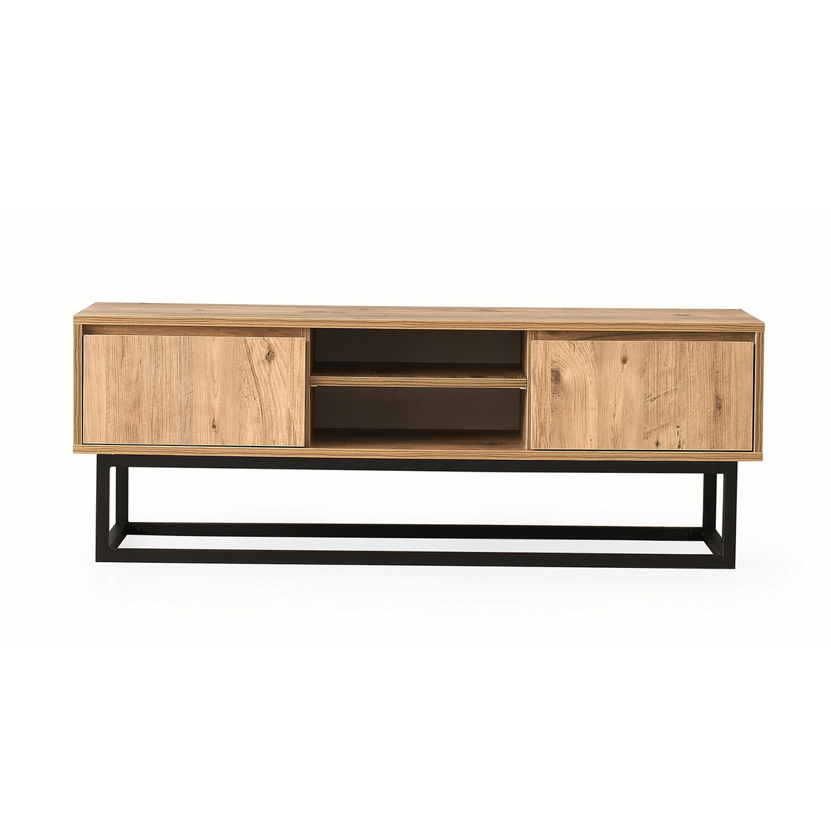 Norda Design teollismainen TV-taso metallijaloilla, musta ja mänty, 180 cm | 100 % melamiinipinnoitettu, 2 laatikkoa ja hyllyjä