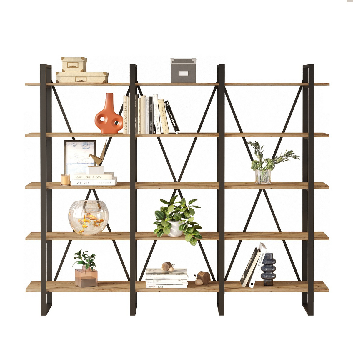 Norda Design Moderni teollishenkinen kirjahylly, Atlantic-mänty, 219.6 x 180 x 34 cm | 100% melamiinipinnoitettu, metallirunko