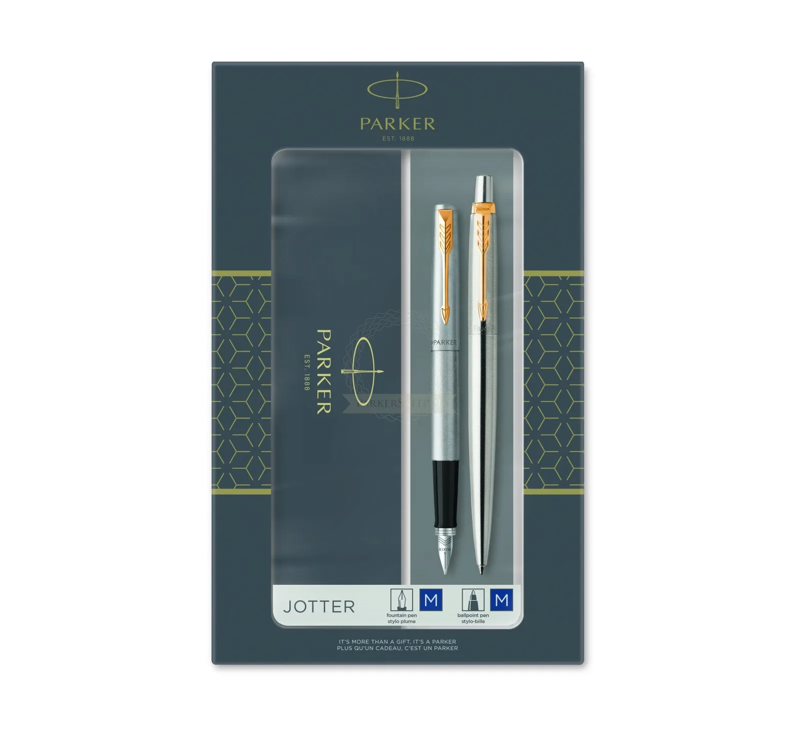 Parker Jotter Duo Gift Set with Ballpoint Pen & Fountain Pen | Stainless Steel with Gold Trim | Blue Ink Refill & Cartridges | Gift Box