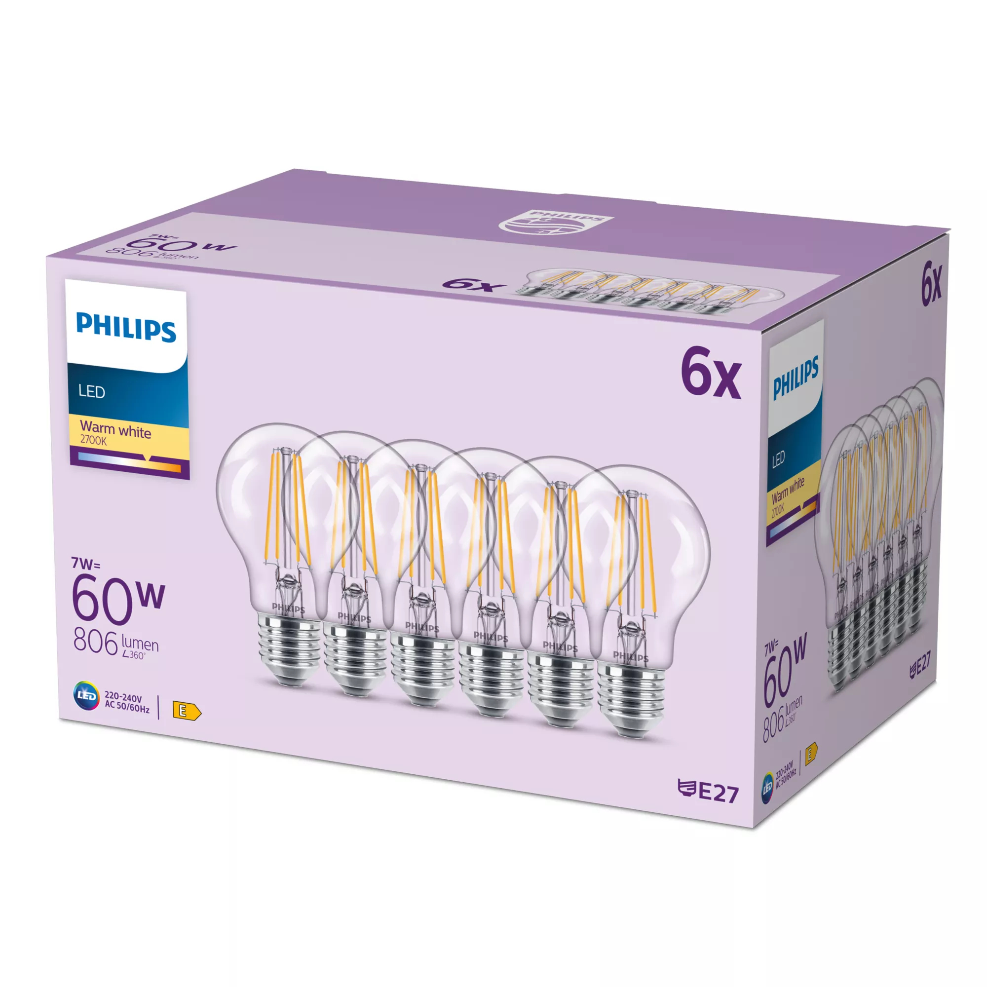 Philips LED-lamppu A60 7W/827 (60W) Clear 6-pack E27