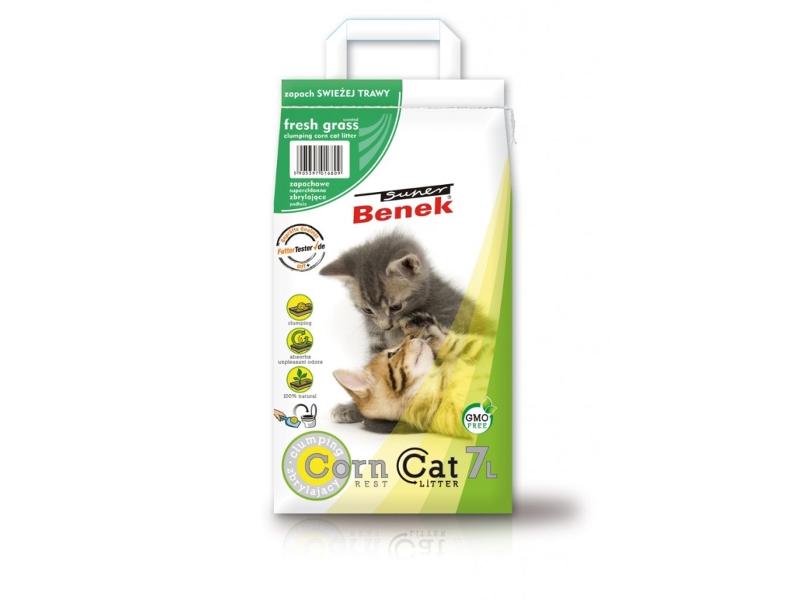 Super Benek Corn Cat Fresh Grass -paakkuuntuva kissanhiekka, hajustettu, huuhdeltava, biohajoava, 7 l