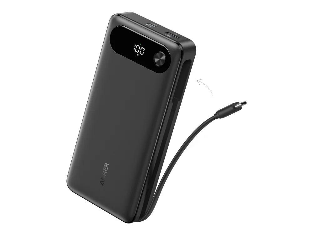Anker - Powerbank - sisäänrakennettu USB-C-kaapeli - 20000 mAh - 87 Watt - IQ 3.0 - 3 lähtöliitäntää (2 x USB-C, USB)