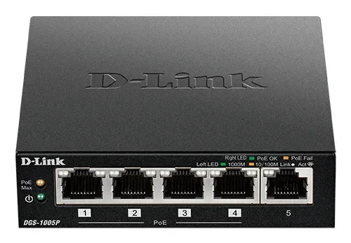 D-Link DGS-1005P/E - Hallitsematon 5-porttinen Gigabit PoE+ -kytkin, Musta
