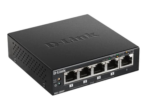 D-Link DGS-1005P/E - Hallitsematon 5-porttinen Gigabit PoE+ -kytkin, Musta