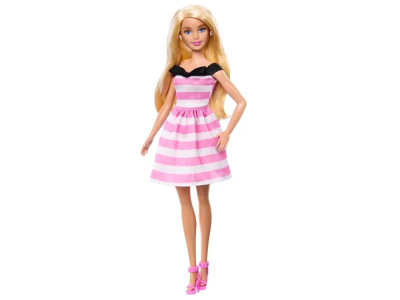 Barbie Barbien 65. juhlavuoden nukke, jolla on vaaleat hiukset, pinkki raidallinen mekko ja asusteita, Muotinukke, Naaras, 3 vuosi/vuosia, Poika/tyttö, 300 mm, 140 g