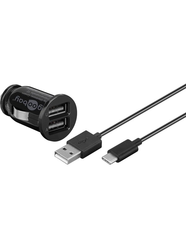Goobay Dual USB laddare för bil USB-CTM, USB-A (12 W) Laddningsadapter för bil med 2x USB-A och USB-CTM-kabel 1,0 m (svart)