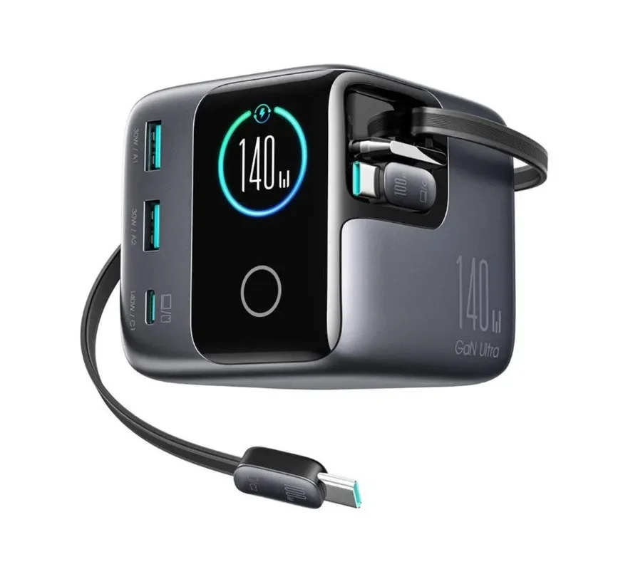 Joyroom Podix JR-TRD01 GaN 140W Desktop Charger with 5 Ports and Dual Retractable Cables - Gray