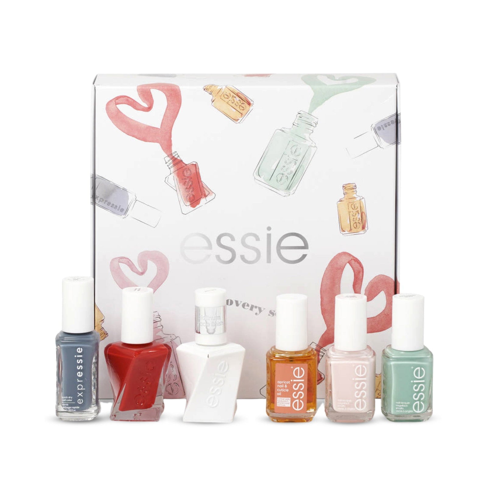 Discovery Set Essie: kynsilakka, vegaani, kiiltävä ja kiiltävä viimeistely, kynsilakka, 99, Mint Candy Apple, 13,5 ml + Expressie Air Dry, kynsilakka,