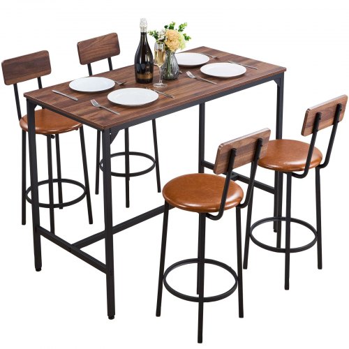VEVOR Bar Table, 5PCS 1193.8mm Bars Tables Set, Bar Tables and Chair Set with Rounded Edge Design, Rectangular Pub Table with Four Stools for Living Room, Dining Room, Kitchen, Walnut Color, Black
