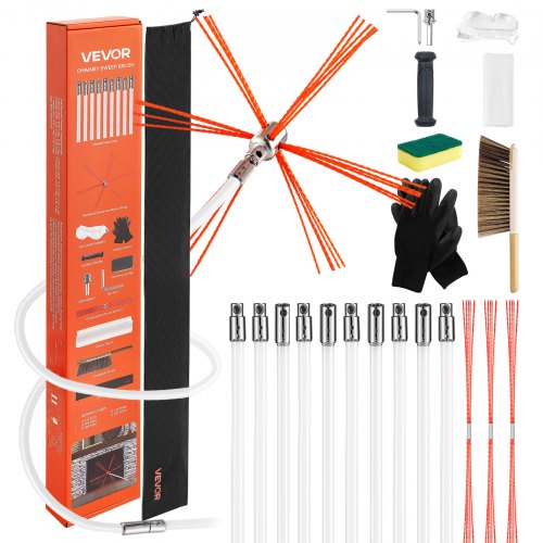 VEVOR Chimney Sweep Kit, 10m Maximum Extendable Length Chimney Brush, Chimneys Cleaning Kit with Bristle Replacements & Goggles, 90° Bendable Fireplace Cleaning Tool, for Square, Rectangle Chimneys