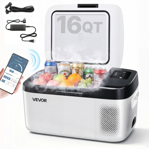 VEVOR Car Refrigerator, DC 12/24V AC100-240V Compressor Electric Cooler, -20°C to 20°C Car Fridge with APP Control, 15L Cars Freezer for RVs, Campsites, Boats, Camping, Fishing, 60W Portable Freezer
