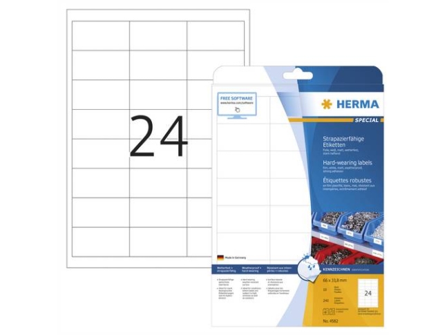 HERMA 4582, Valkoinen, Itse kiinnittyvä tulostintarra, A4, Laser, Neliö, 240 kpl