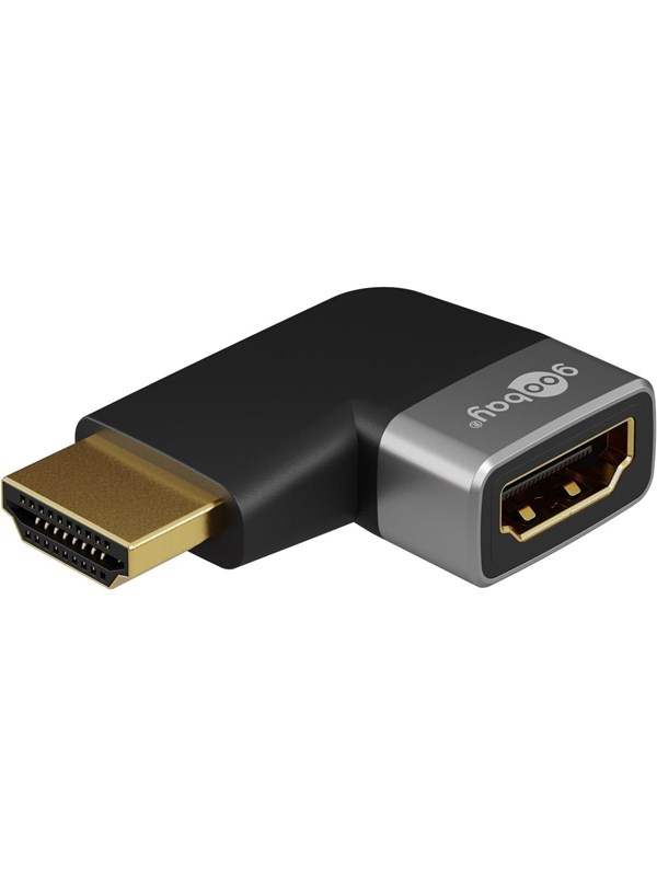 Goobay HDMITM vinkeladapter 90° horisontal, 8K @ 60 Hz, guldpläterad HDMITM-uttag (typ A) > HDMITM kontakt (typ A) 90 °