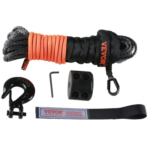 VEVOR Synthetic Winch Rope, 6.35 mm x 15.24 m 4,536 kg Synthetic Winch Line Cable Rope with Protective Sleeve + Stopper + Forged Winch Hook + Pull Strap, Fit for ATV, UTV, Small Vehicle, Pickup