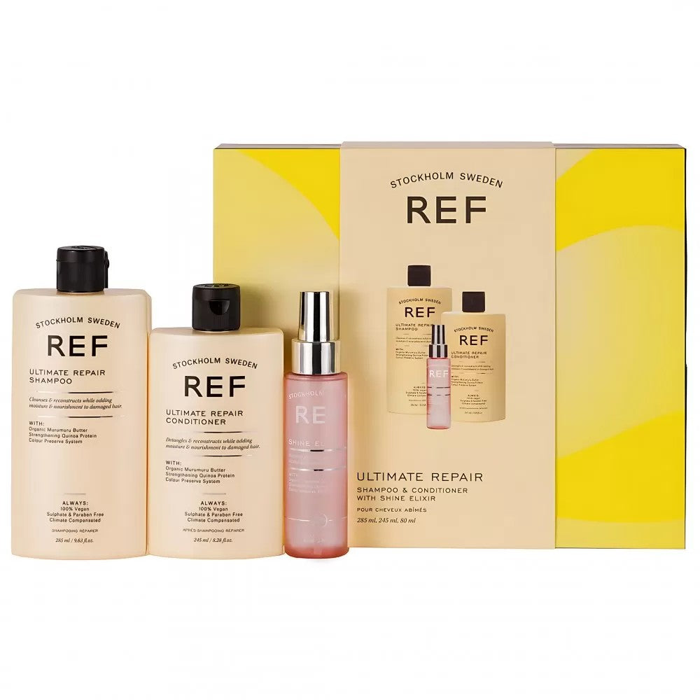 Lahjasetti Ref Stockholm: Ultimate Repair Sulfaattiton Shampoo Repair & Strengthen 285ml + Ultimate Repair Sulfaatiton hoitoaine Hydrate/Detangle & Sh