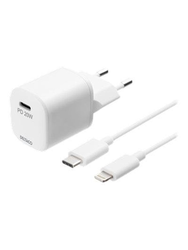 DELTACO USB-seinälaturi, USB-C, PD 20W, sis. Lightning-kaapelin, valk.